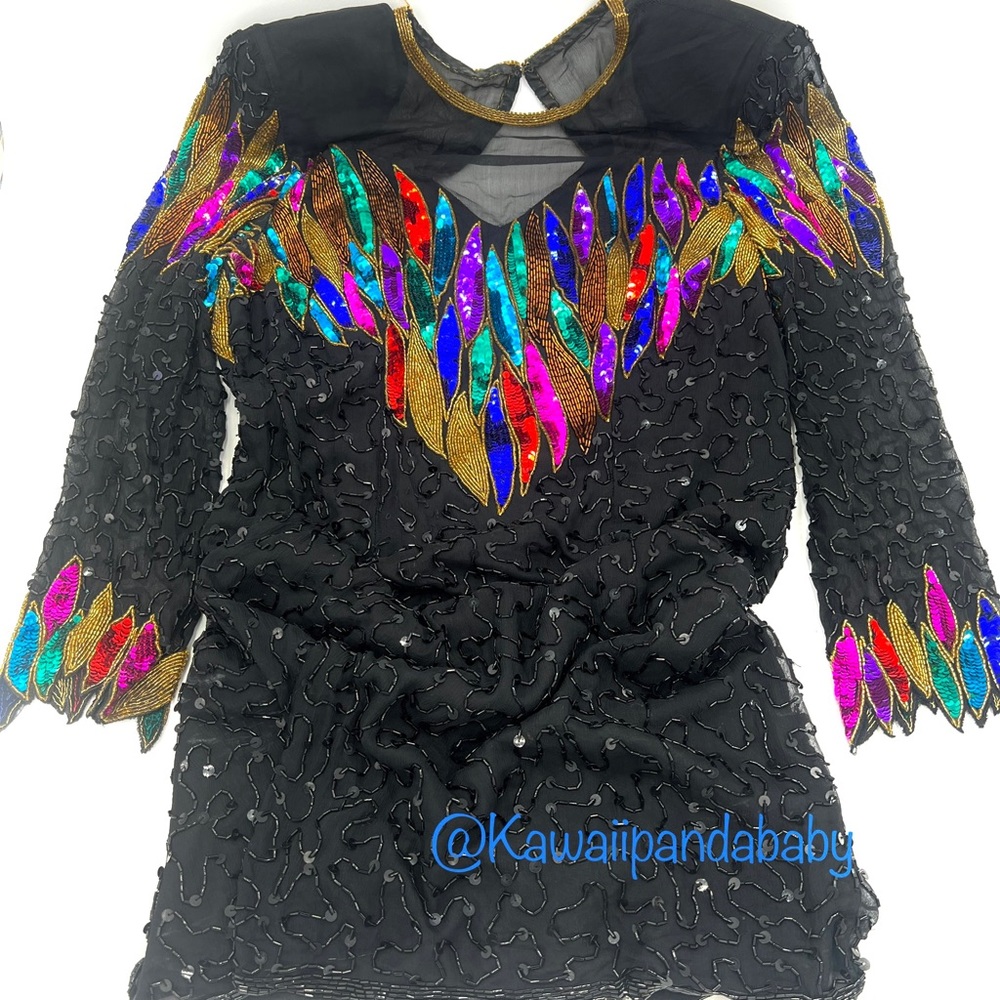 Vtg 80s 90s Leslie Fay Petite 100%Silk Black Sequin Bead Mesh Evening Dress SZ 6